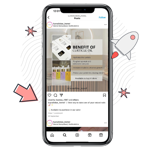 A phone image of a social media post from a brand and various icons behind it.